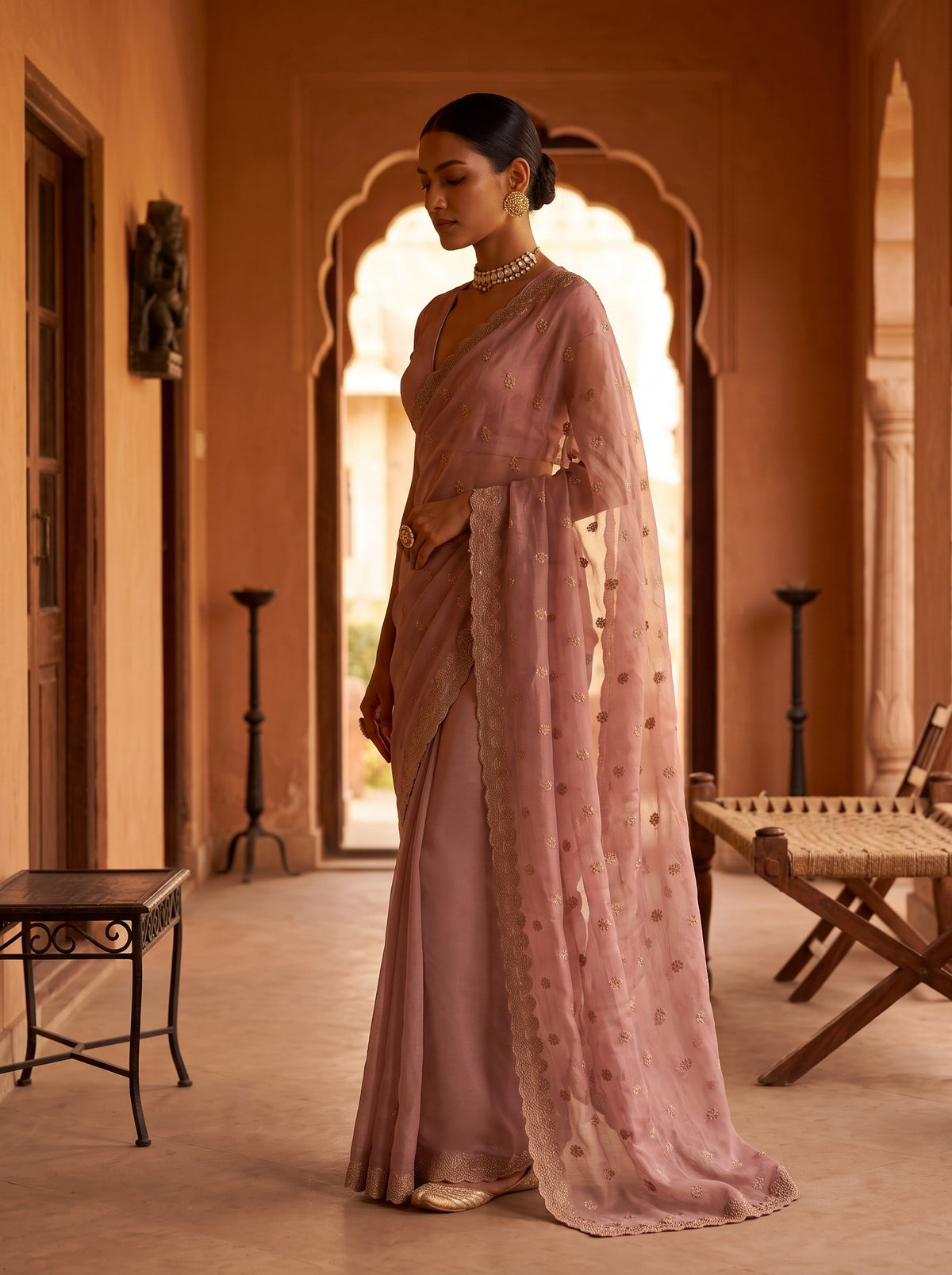 MIMOSA Peach Banarasi Chiffon Saree — pose 3 styling detail