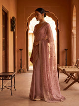 MIMOSA Peach Banarasi Chiffon Saree — pose 3 styling detail