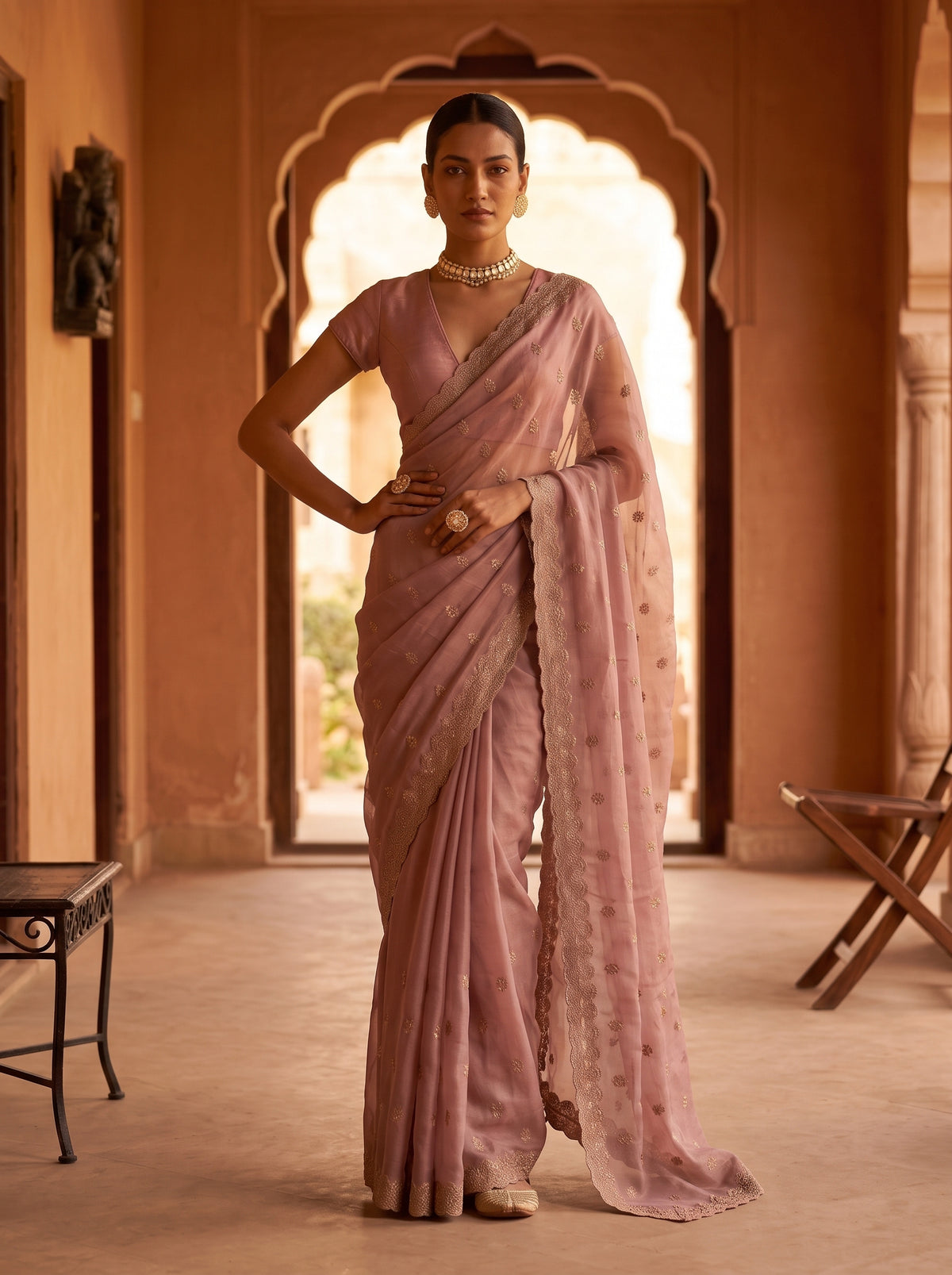 MIMOSA Peach Banarasi Chiffon Saree — pose 4 styling detail