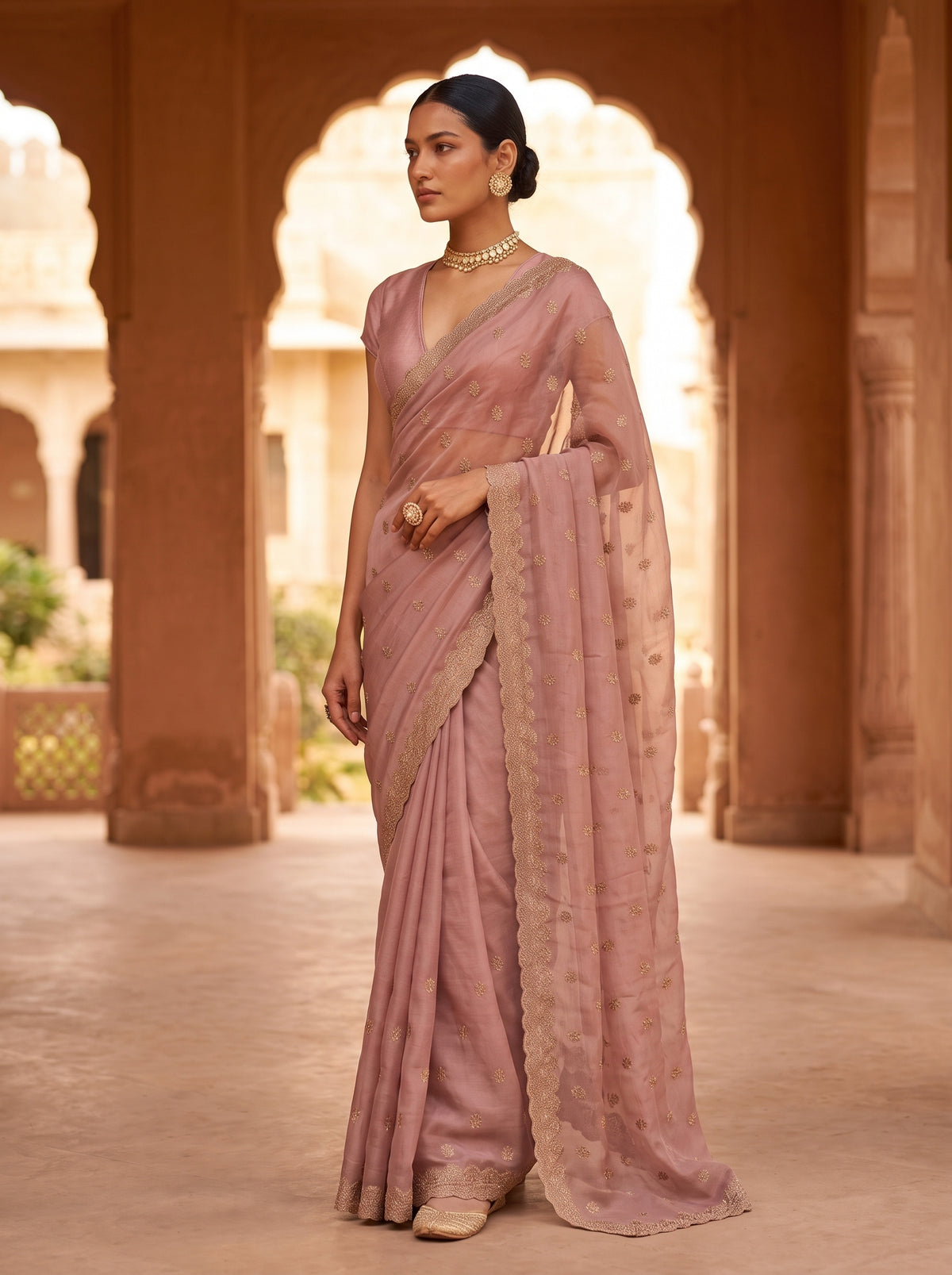 MIMOSA Peach Banarasi Chiffon Saree — pose 5 styling detail