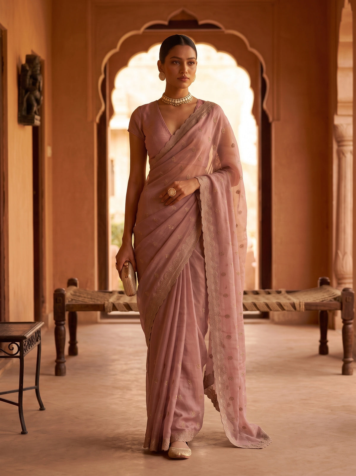 MIMOSA Peach Banarasi Chiffon Saree — pose 6 styling detail