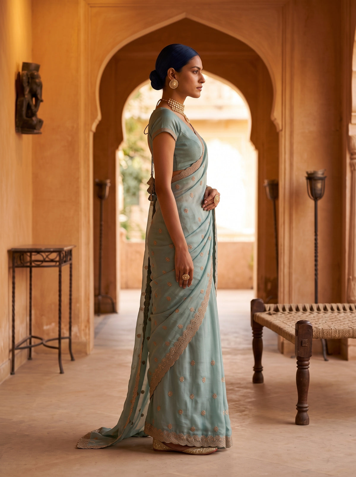 MIMOSA Rama Banarasi Chiffon Saree — pose 3 styling detail