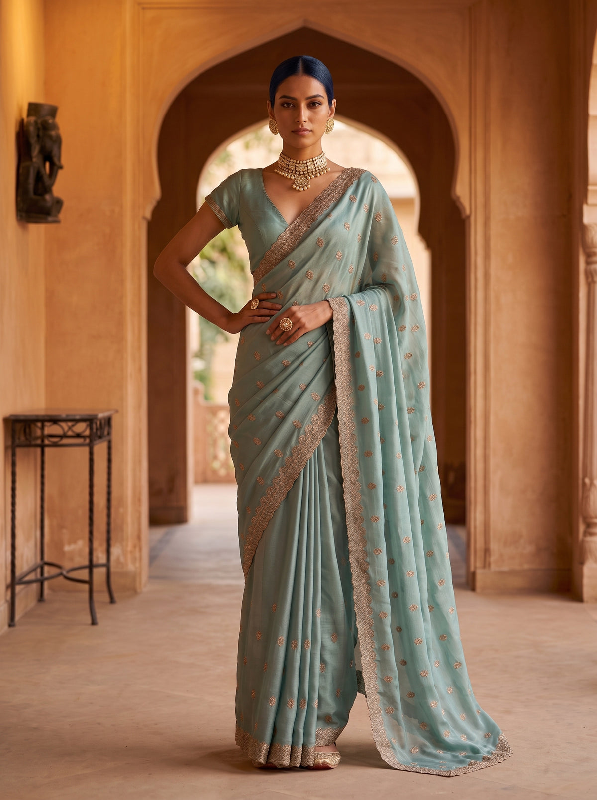MIMOSA Rama Banarasi Chiffon Saree — pose 4 styling detail