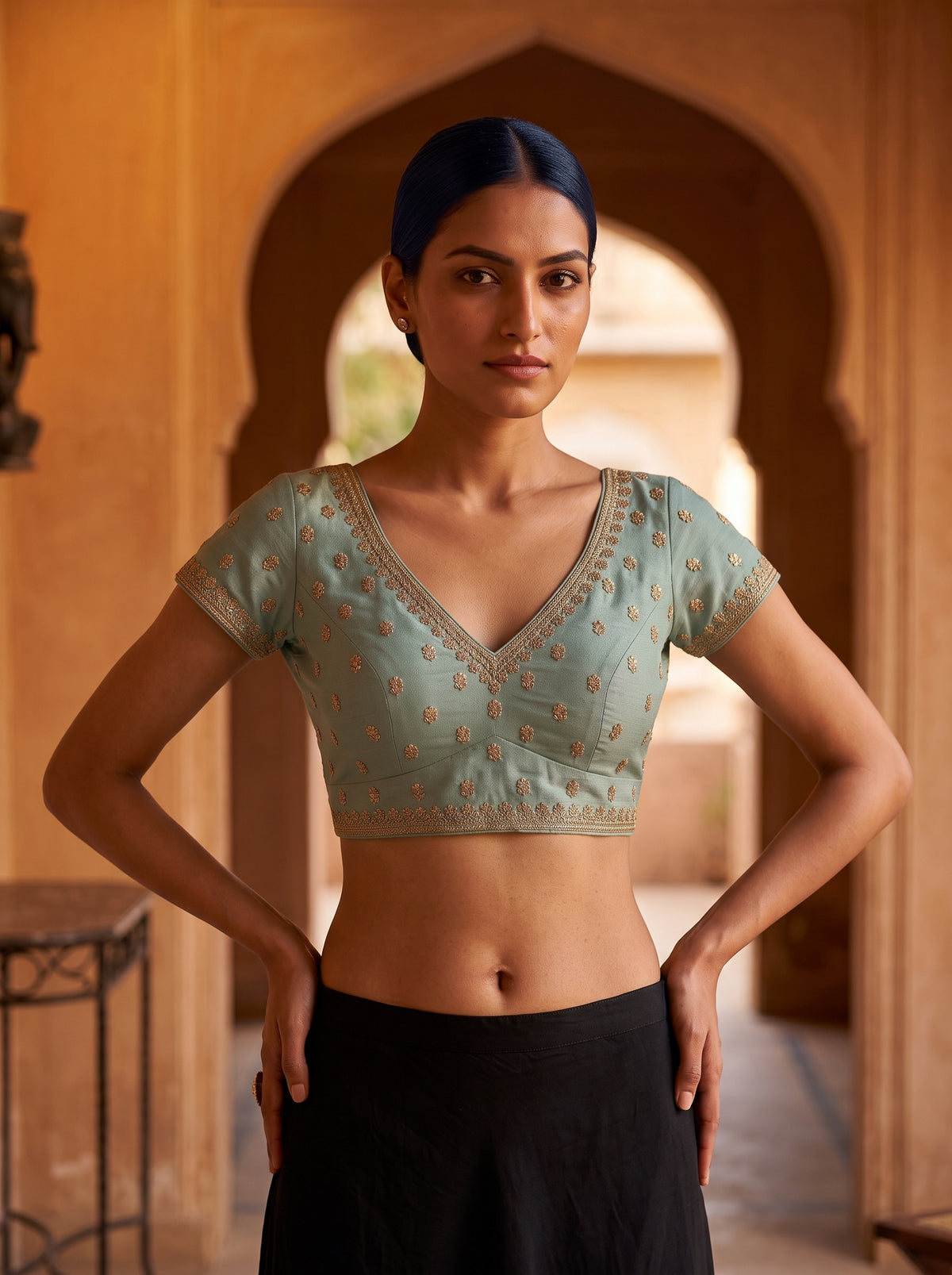MIMOSA Rama Banarasi Chiffon Saree — blouse close-up