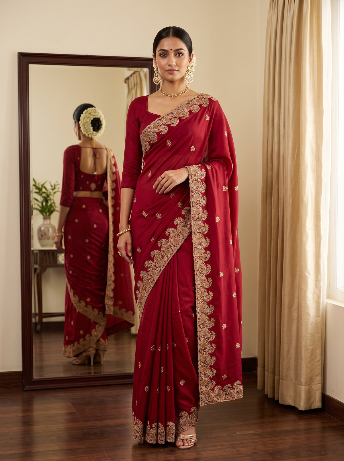 MIMOSA Maroon Banarasi Saree — front view on mannequin