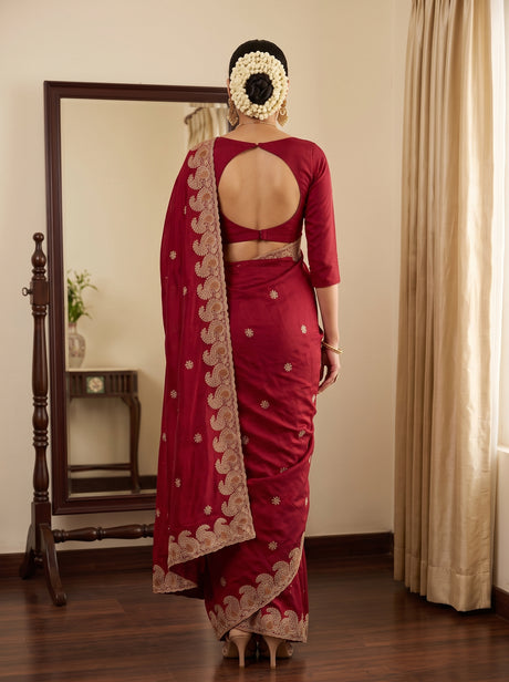 MIMOSA Maroon Banarasi Saree — pose 2 styling detail