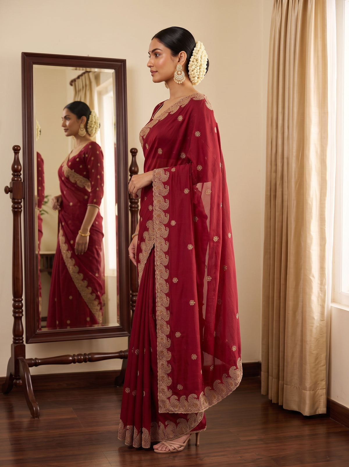 MIMOSA Maroon Banarasi Saree — pose 3 styling detail
