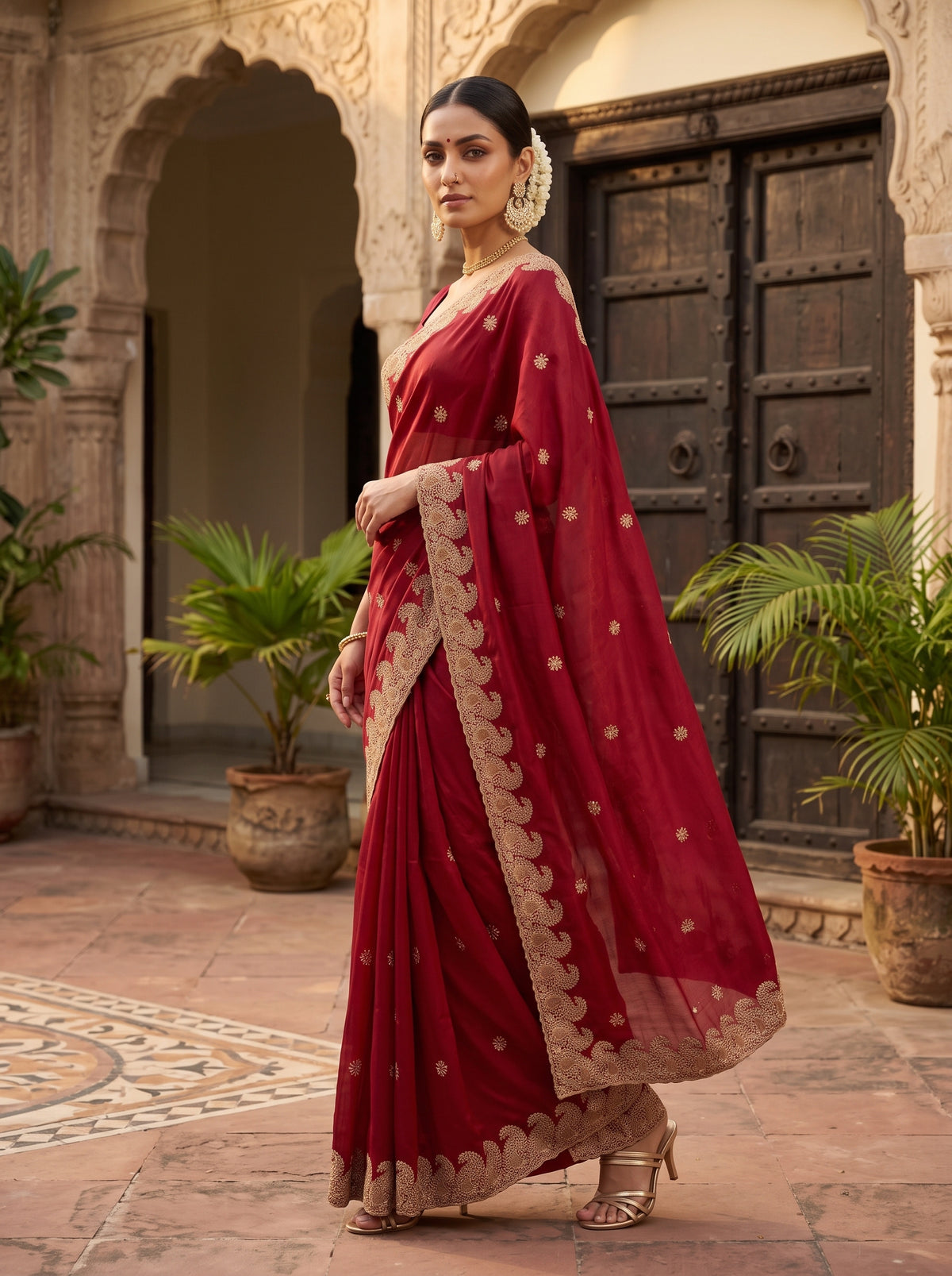 MIMOSA Maroon Banarasi Saree — pose 5 styling detail