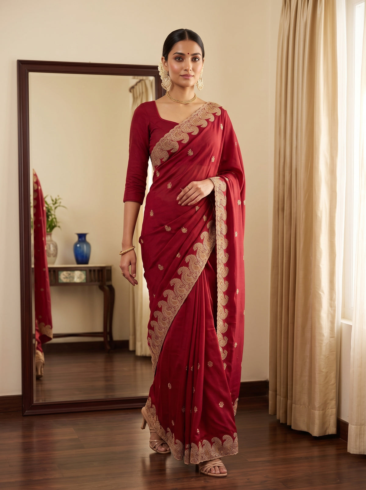 MIMOSA Maroon Banarasi Saree — pose 6 styling detail