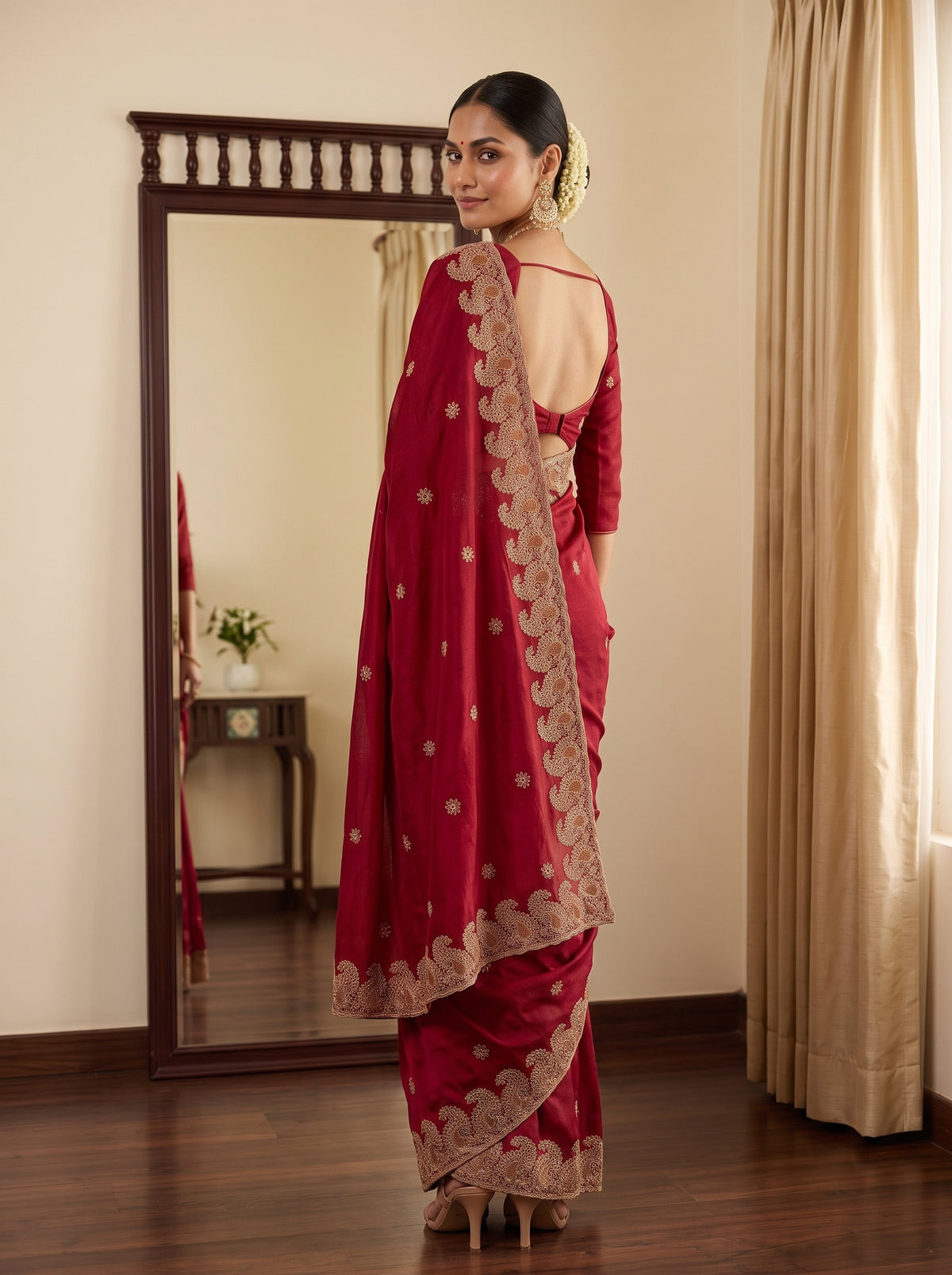 MIMOSA Maroon Banarasi Saree — pose 7 styling detail