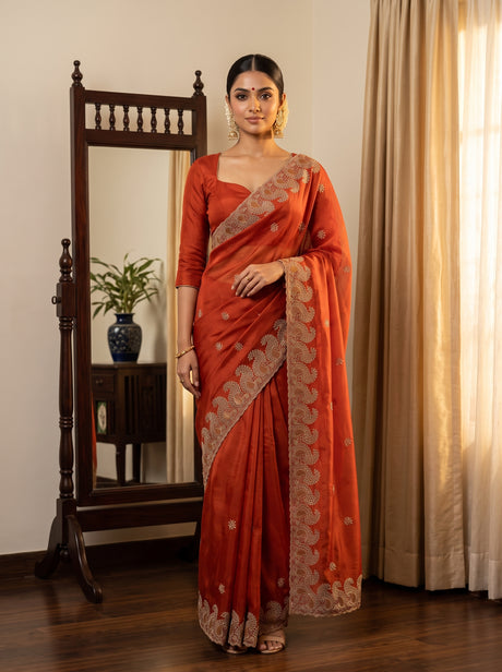 MIMOSA Orange Banarasi Saree — front view on mannequin