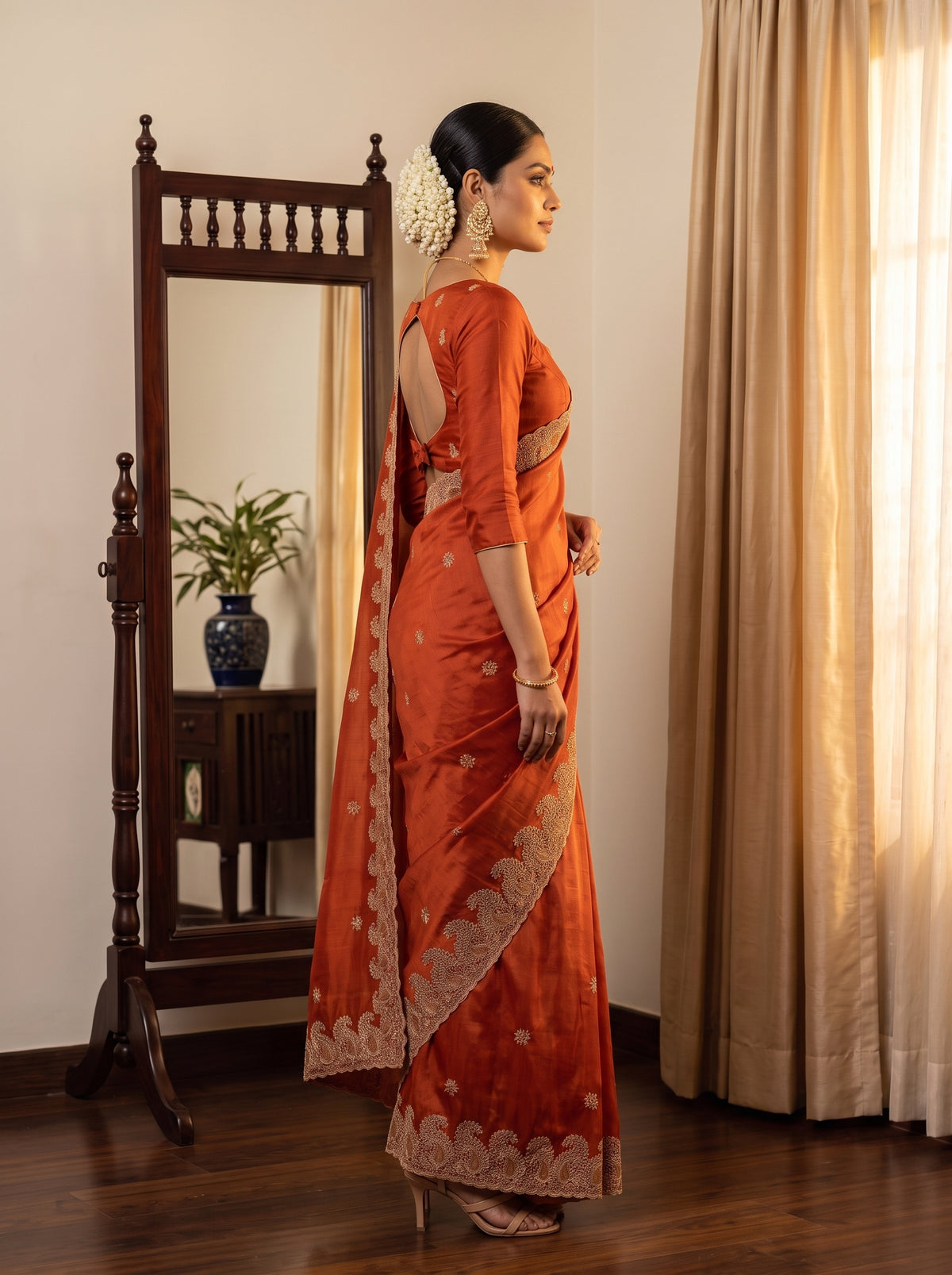 MIMOSA Orange Banarasi Saree — pose 3 styling detail