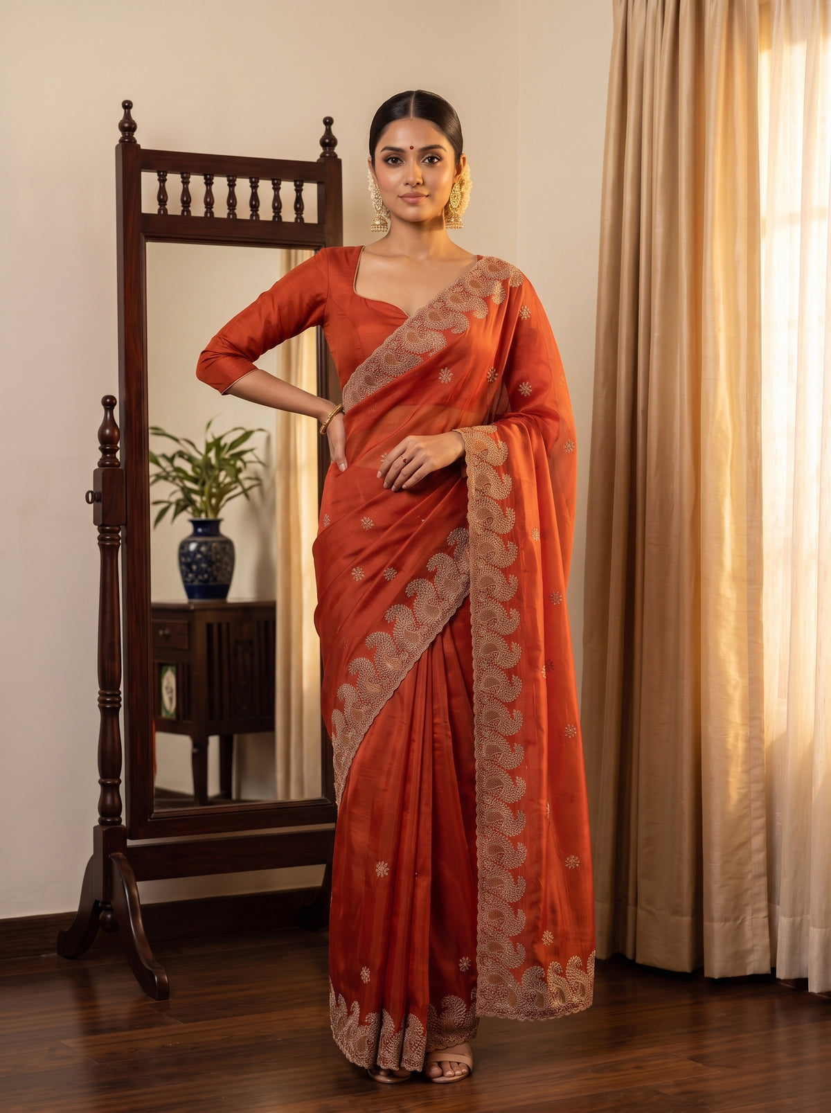 MIMOSA Orange Banarasi Saree — pose 4 styling detail