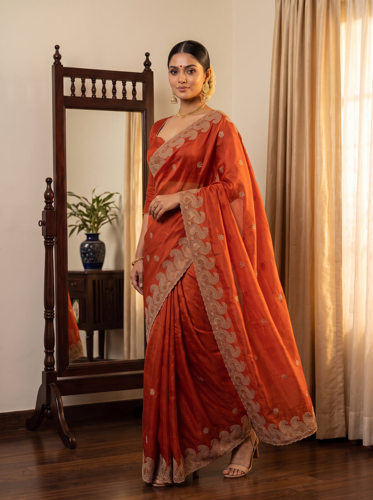 MIMOSA Orange Banarasi Saree — pose 5 styling detail