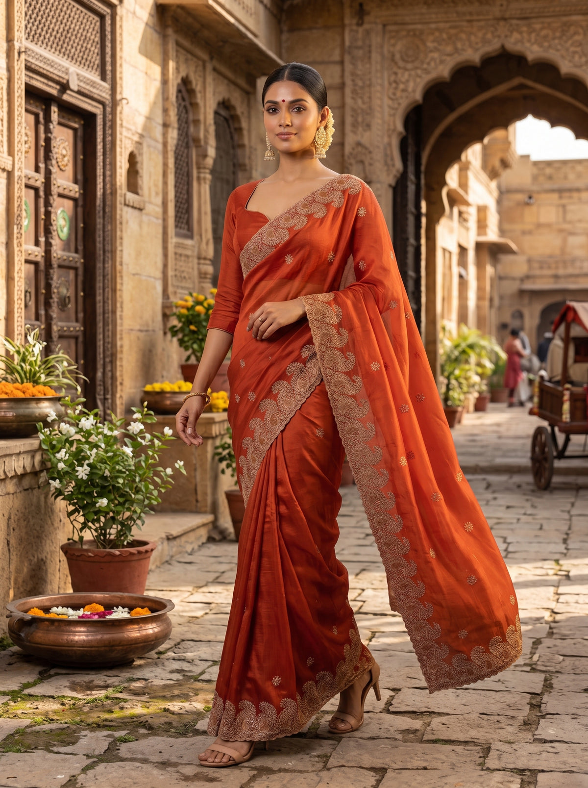 MIMOSA Orange Banarasi Saree — pose 6 styling detail