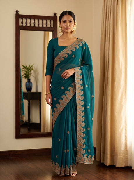 MIMOSA Sapphire Banarasi Saree — front view on mannequin