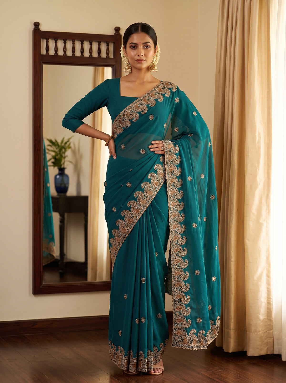 MIMOSA Sapphire Banarasi Saree — pose 4 styling detail