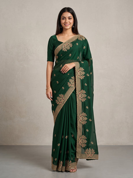 MIMOSA Bottle Green Banarasi Saree — front view on mannequin