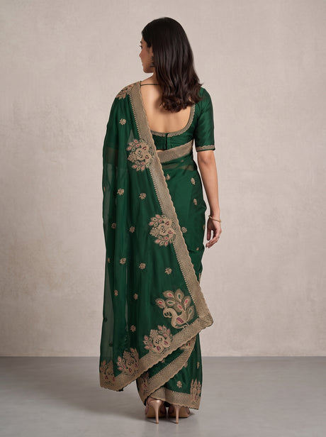 MIMOSA Bottle Green Banarasi Saree — pose 2 styling detail