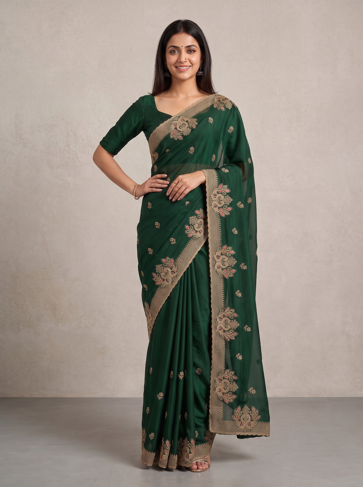 MIMOSA Bottle Green Banarasi Saree — pose 4 styling detail