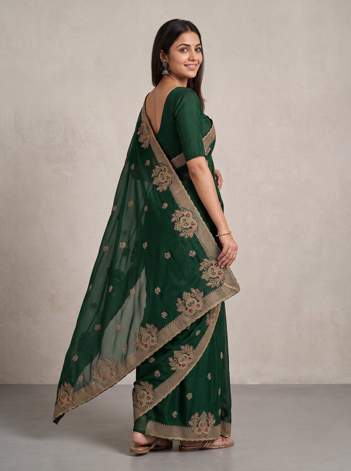 MIMOSA Bottle Green Banarasi Saree — pose 5 styling detail