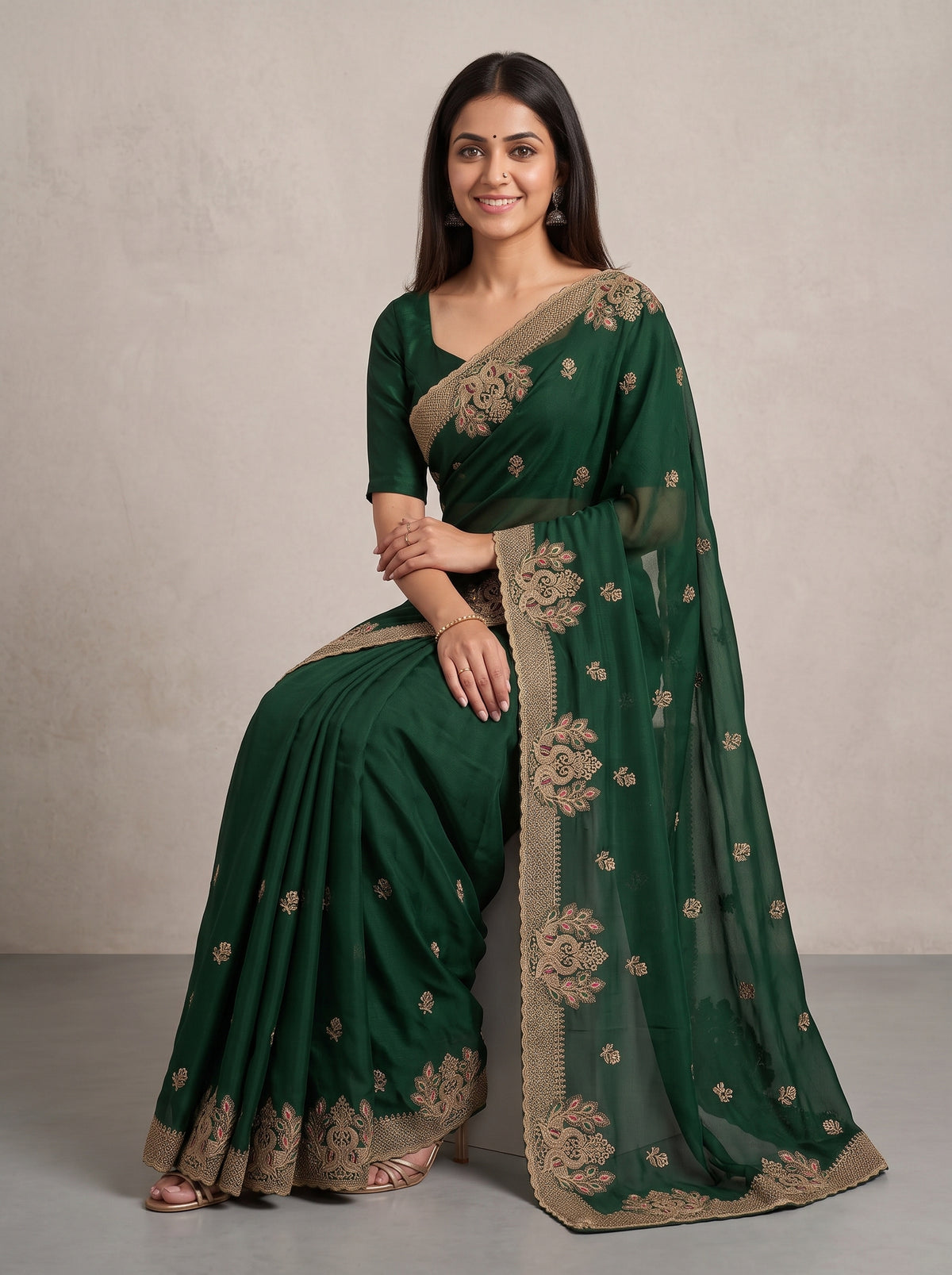 MIMOSA Bottle Green Banarasi Saree — pose 8 styling detail