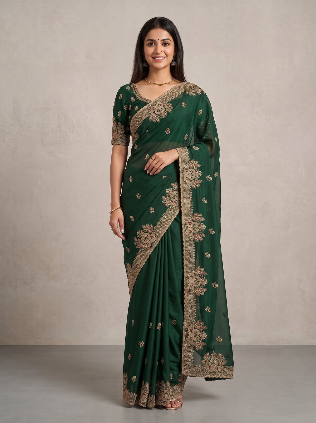 MIMOSA Bottle Green Banarasi Saree — pose 9 styling detail