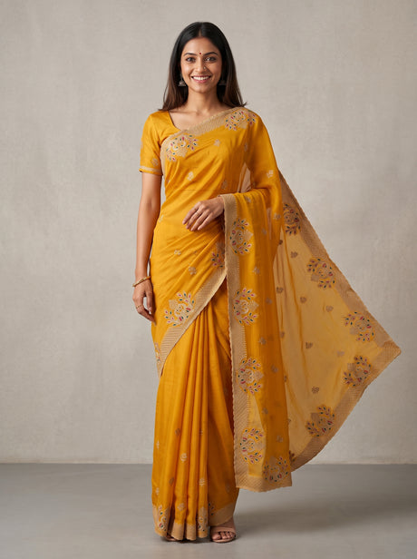 MIMOSA Gold Banarasi Saree — front view on mannequin