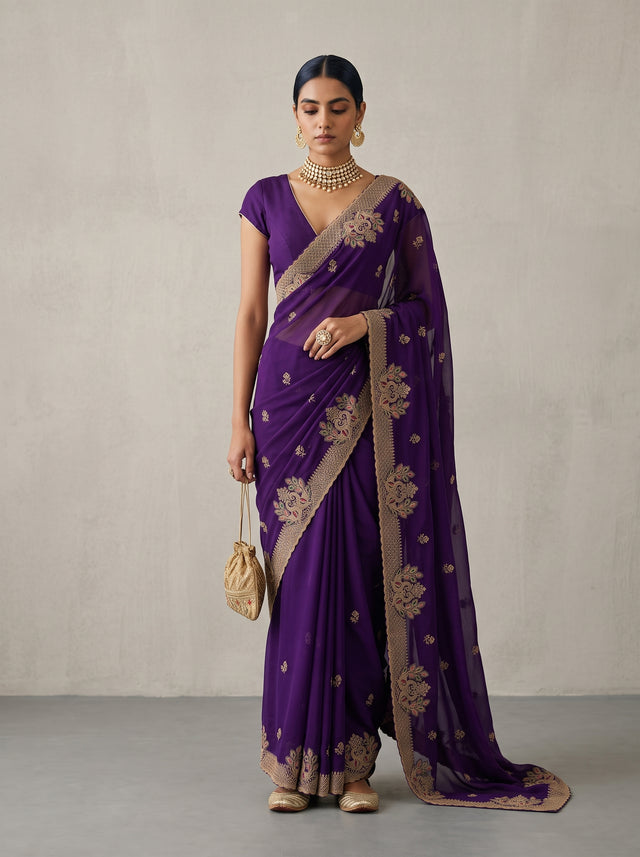 MIMOSA Purple Banarasi Saree — front view on mannequin
