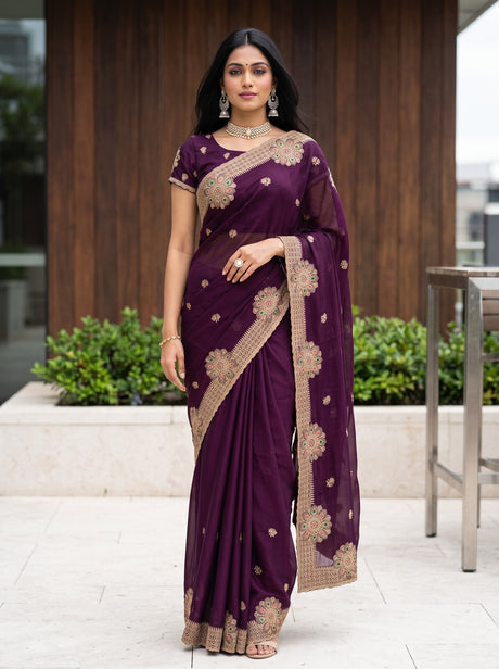 MIMOSA Magenta Banarasi Chiffon Saree — AI model lifestyle pose