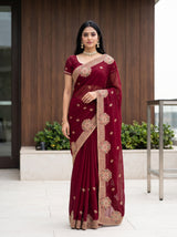 MIMOSA Maroon Banarasi Chiffon Saree — AI model lifestyle pose