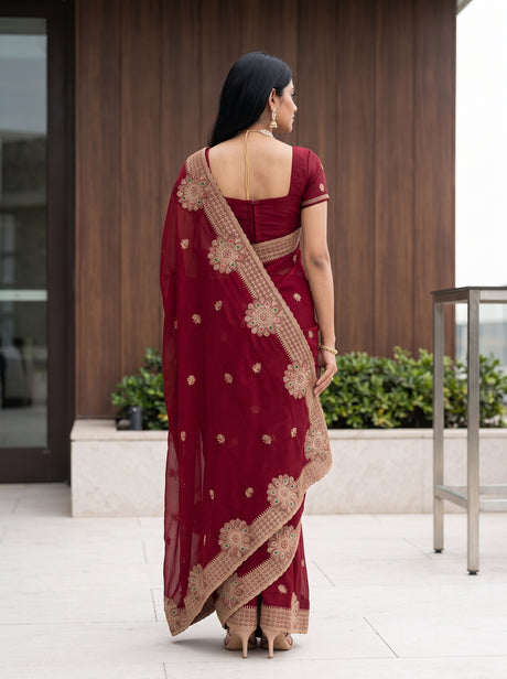 MIMOSA Maroon Banarasi Chiffon Saree — full saree shot