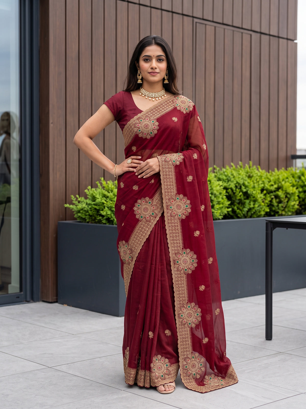 MIMOSA Maroon Banarasi Chiffon Saree — pose 4 styling detail