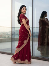 MIMOSA Maroon Banarasi Chiffon Saree — pose 5 styling detail