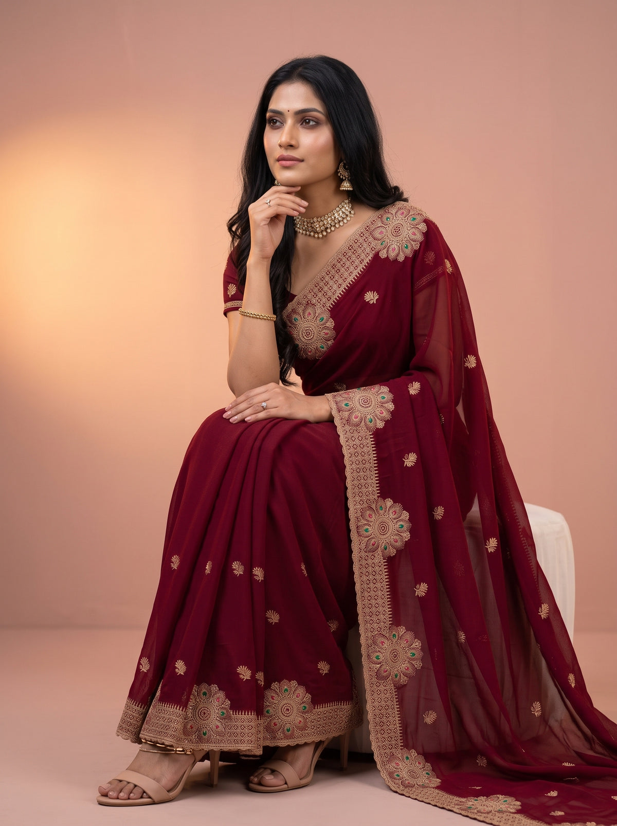 MIMOSA Maroon Banarasi Chiffon Saree — pose 8 styling detail