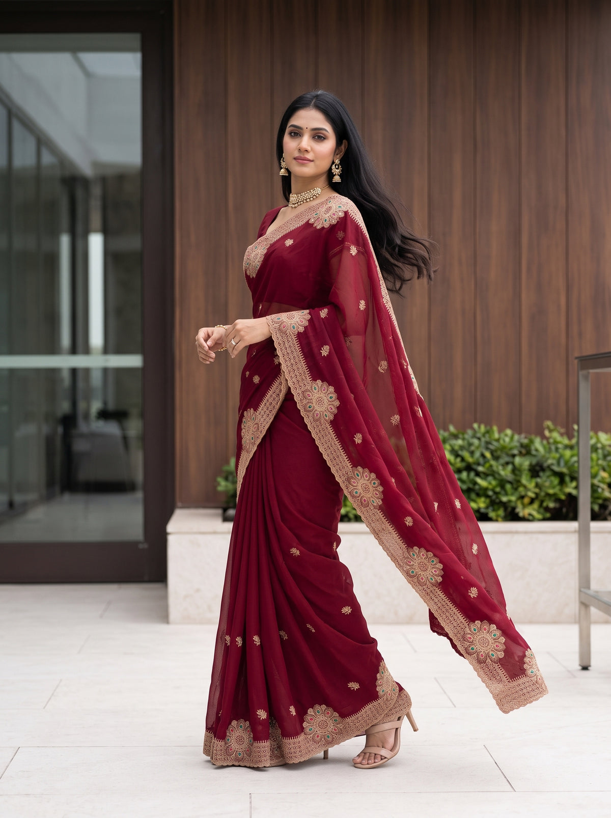 MIMOSA Maroon Banarasi Chiffon Saree — pose 9 styling detail