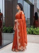 MIMOSA Orange Banarasi Chiffon Saree — pose 3 styling detail