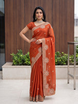 MIMOSA Orange Banarasi Chiffon Saree — pose 4 styling detail