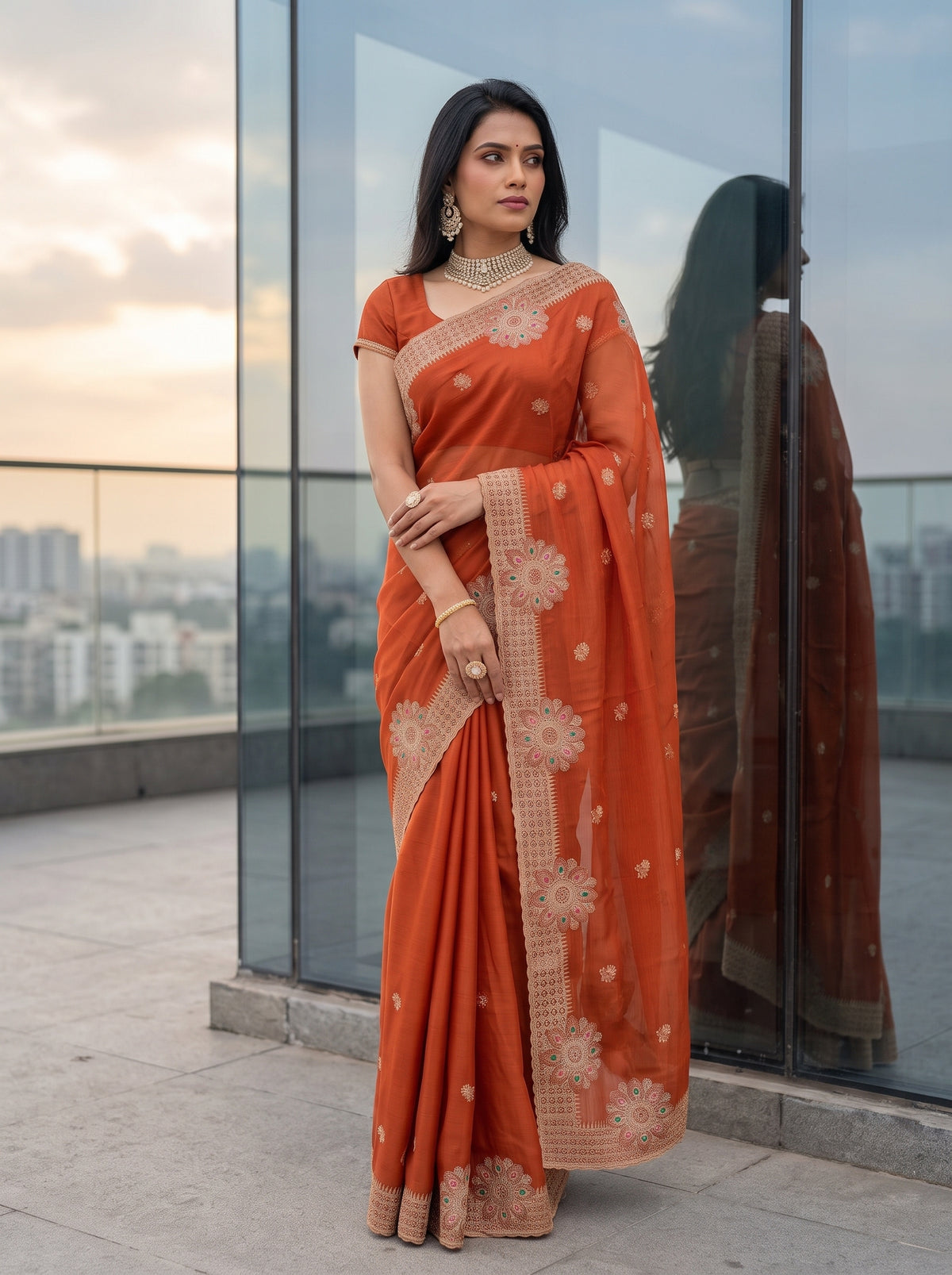 MIMOSA Orange Banarasi Chiffon Saree — pose 5 styling detail