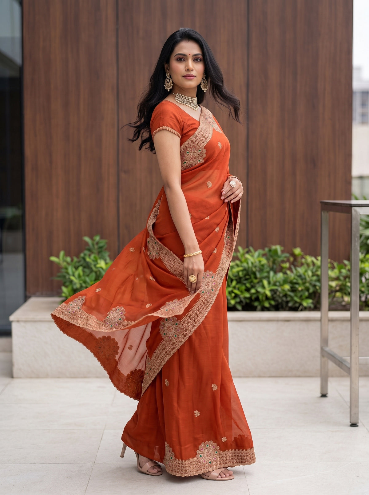 MIMOSA Orange Banarasi Chiffon Saree — pose 9 styling detail