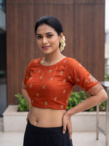 MIMOSA Orange Banarasi Chiffon Saree — blouse close-up