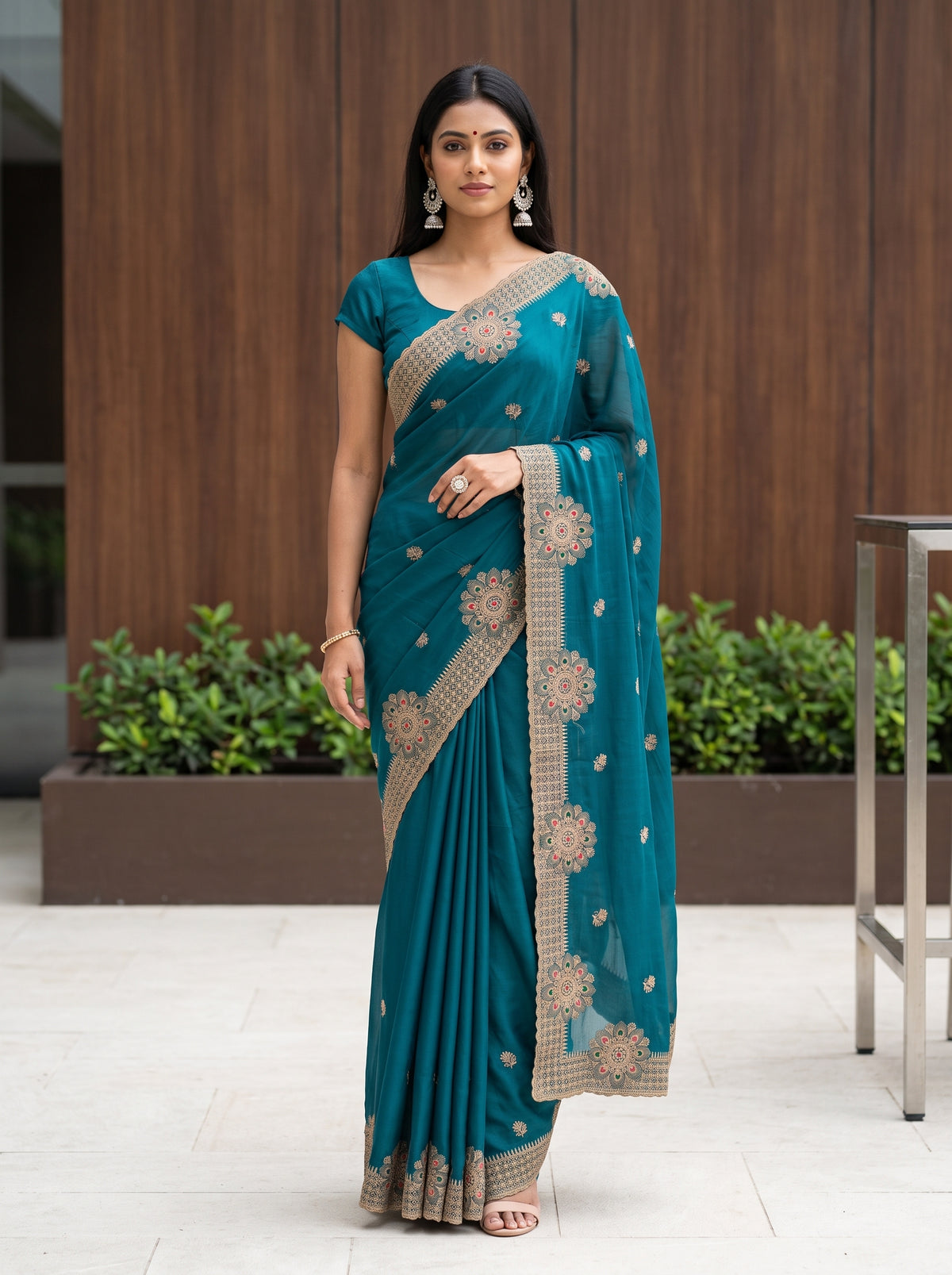 MIMOSA Sapphire Banarasi Chiffon Saree — AI model lifestyle pose