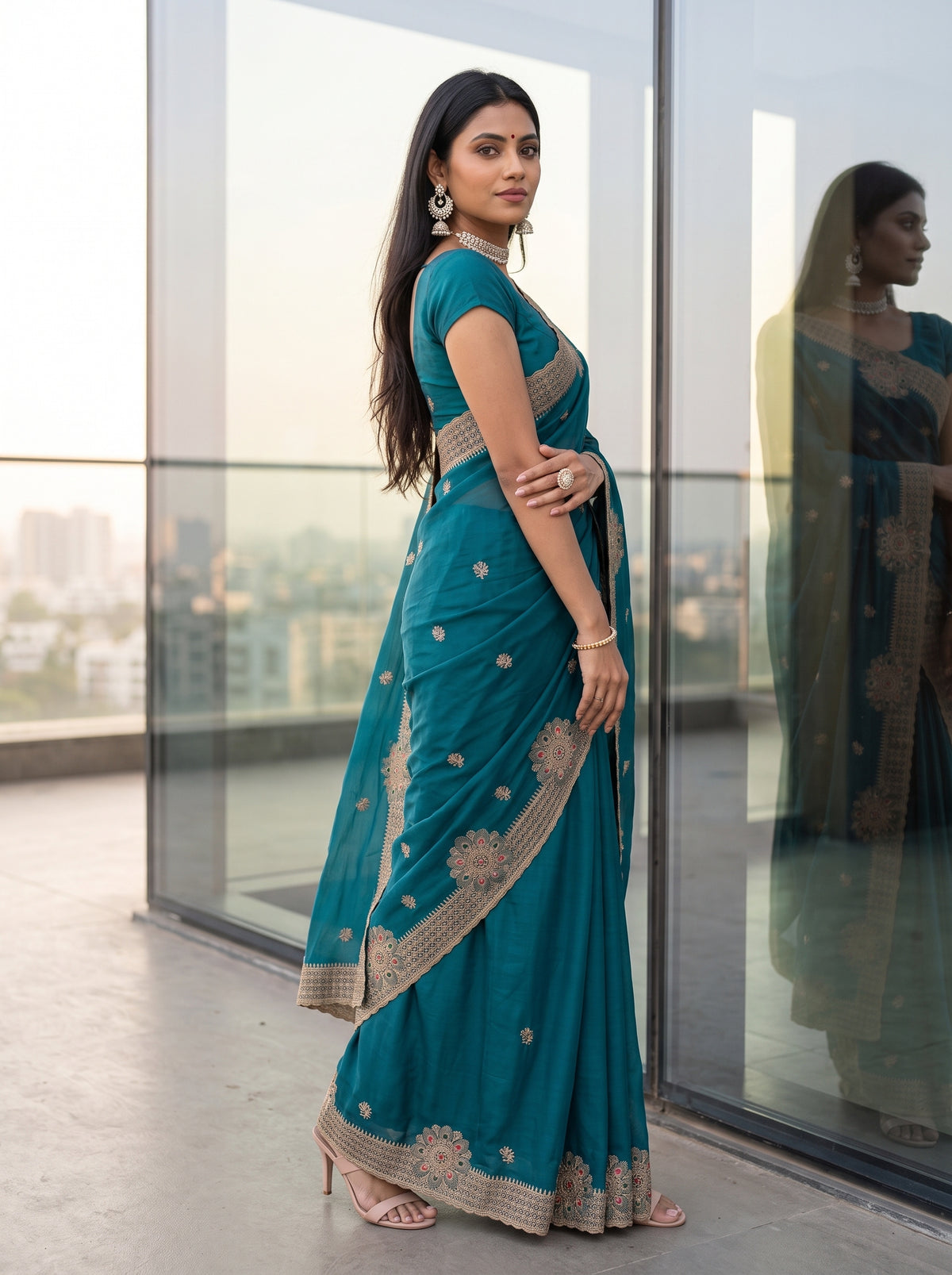 MIMOSA Sapphire Banarasi Chiffon Saree — pose 5 styling detail