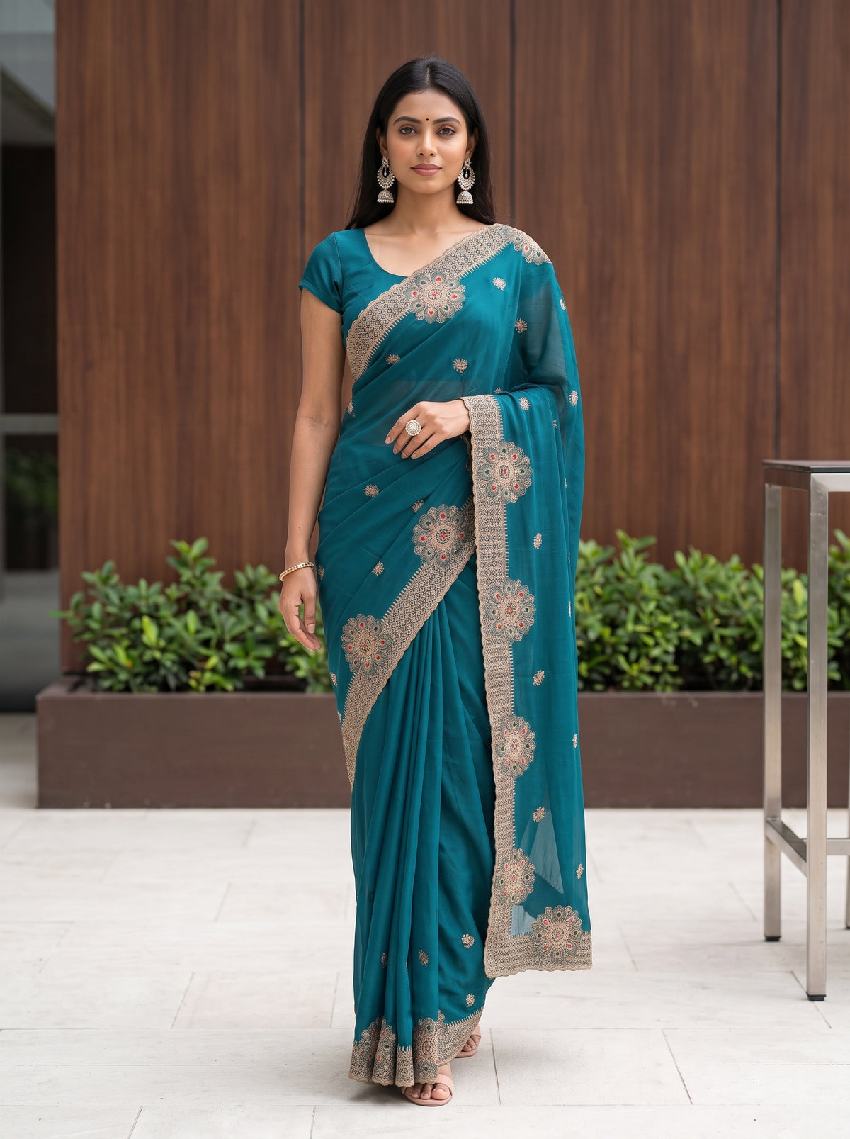 MIMOSA Sapphire Banarasi Chiffon Saree — pose 6 styling detail