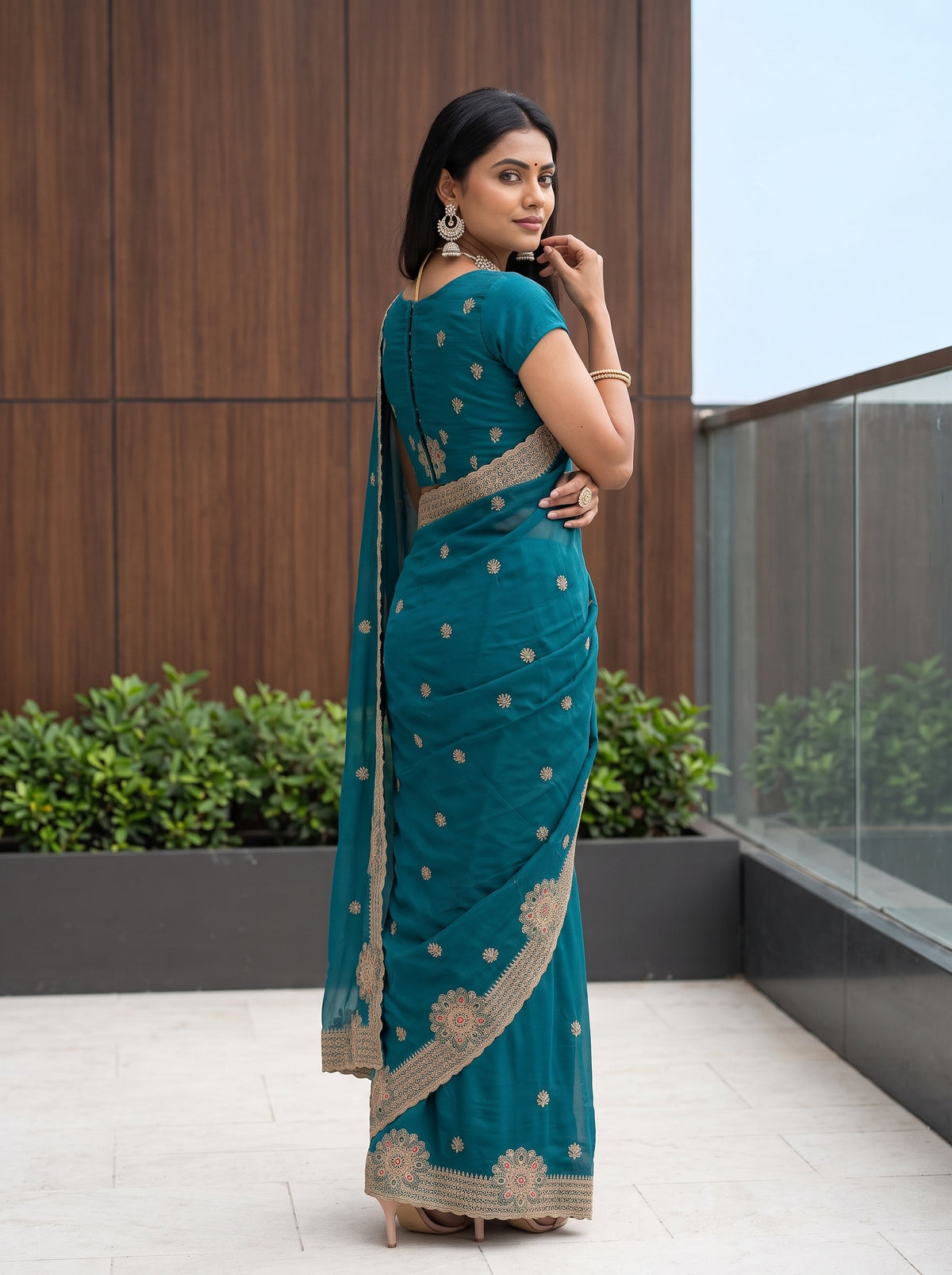 MIMOSA Sapphire Banarasi Chiffon Saree — pose 7 styling detail