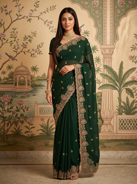 MIMOSA Bottle Green Banarasi Saree — front view on mannequin