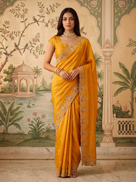 MIMOSA Gold Banarasi Saree — front view on mannequin