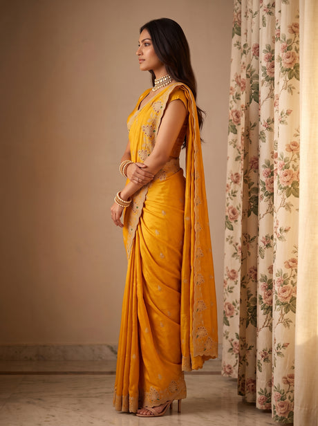MIMOSA Gold Banarasi Saree — pose 3 styling detail