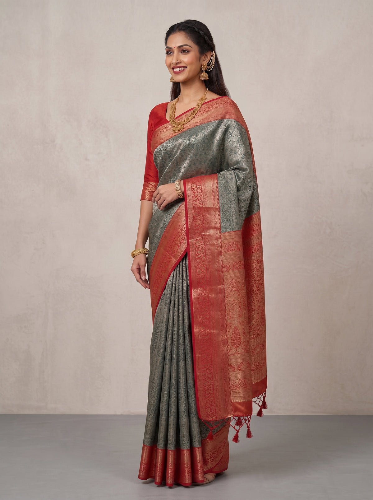 MIMOSA Green Kanjivaram Art Silk Saree — pose 3 styling detail