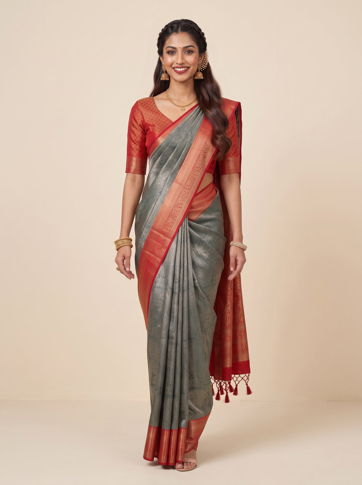 MIMOSA Green Kanjivaram Art Silk Saree — pose 6 styling detail